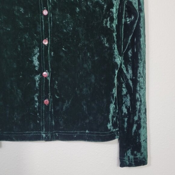 Vintage Women Crushed Velvet Button Up Shirt Size L Green Long Sleeve Collar Y2K - Picture 2 of 11